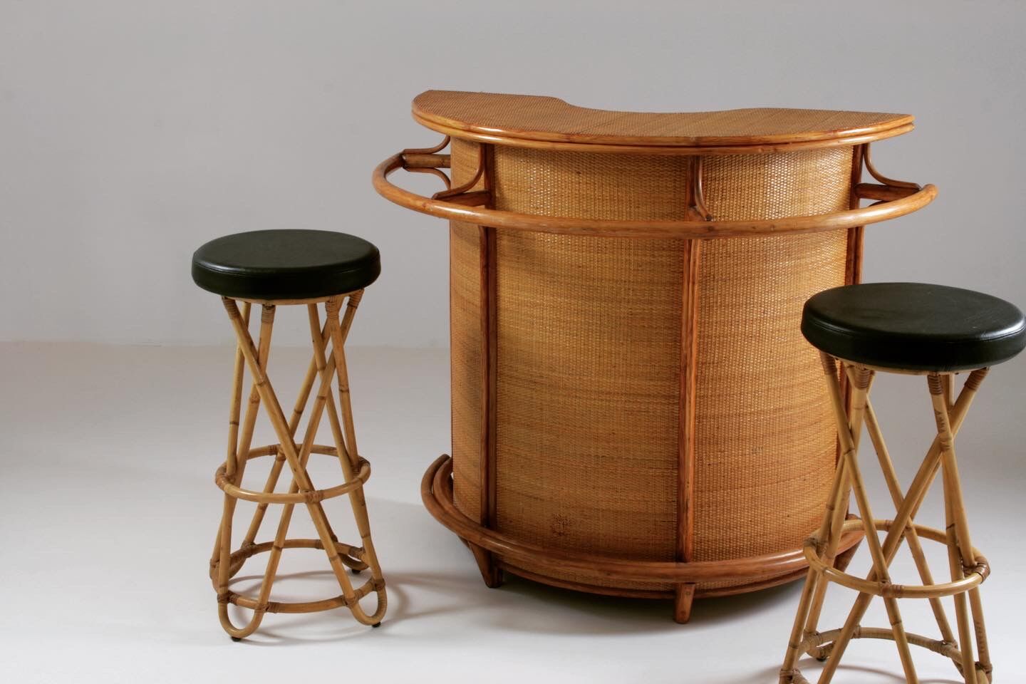 Rattan bar and stools, France 1960s, set of 3