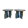 Paire de tables d’appoint en céramique et laiton bleu contemporain