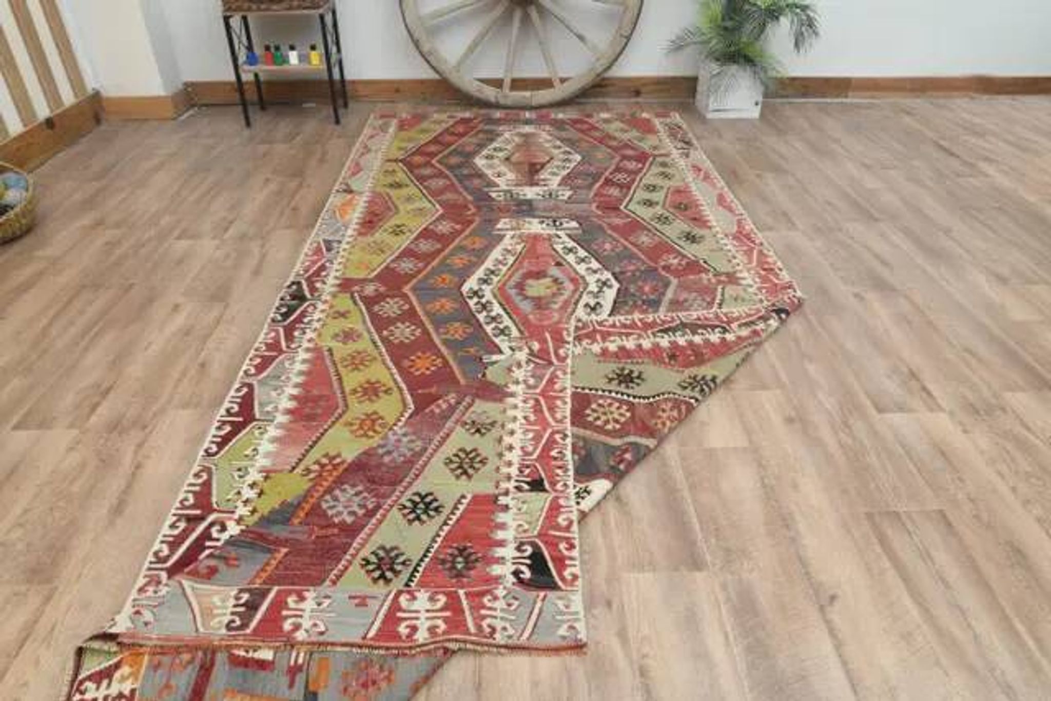 1970s Vintage Turkish Handmade Wool Cotton Colorful Kilim Rug 157x365