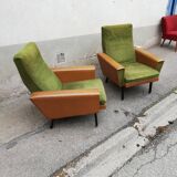 Pair of green vintage armchairs and brown skai