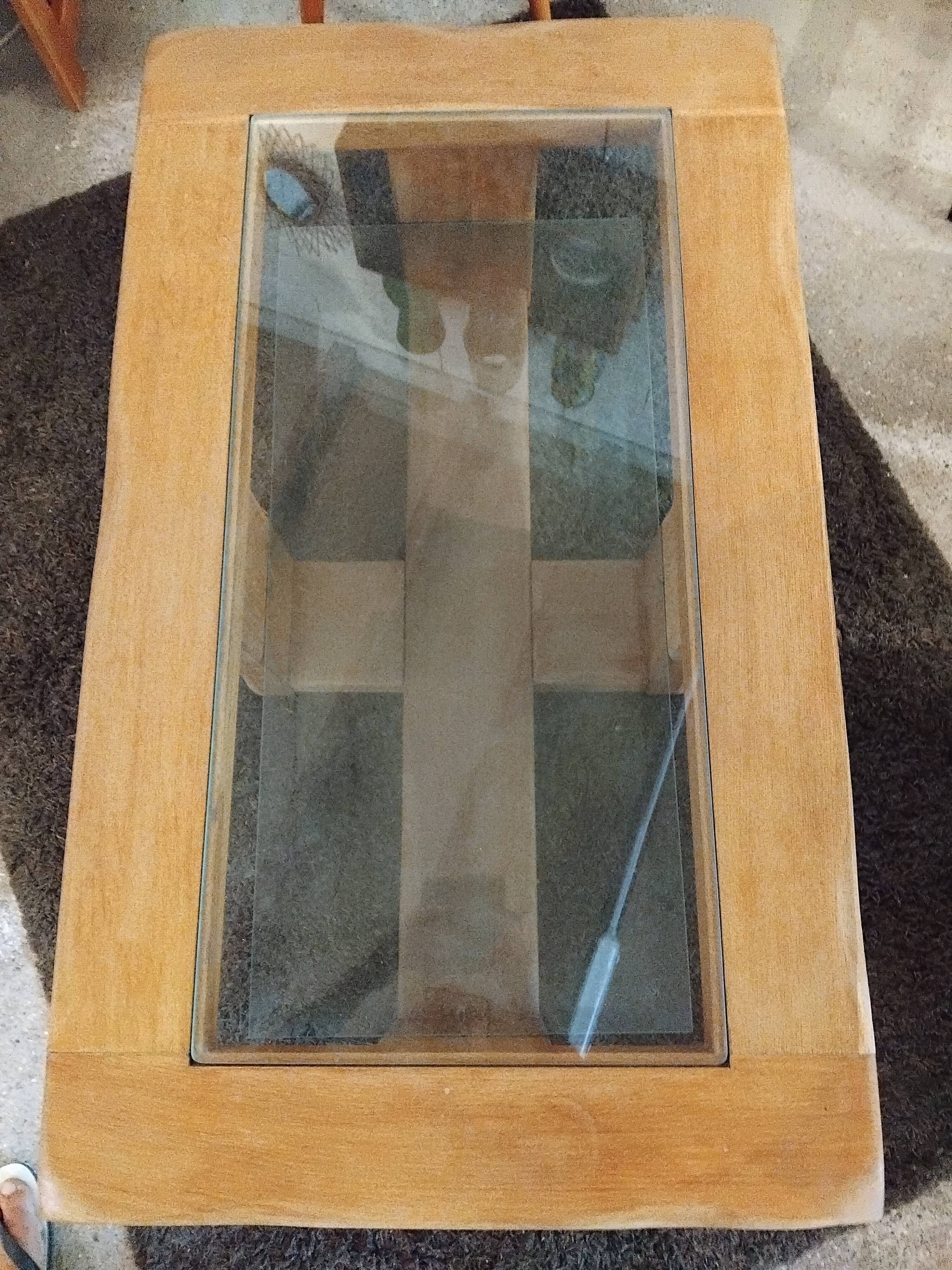table basse vintage en chêne massif double plateteau verre