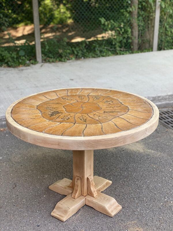 Table à manger Barrois ronde vintage rénovée en chêne massif et céramique