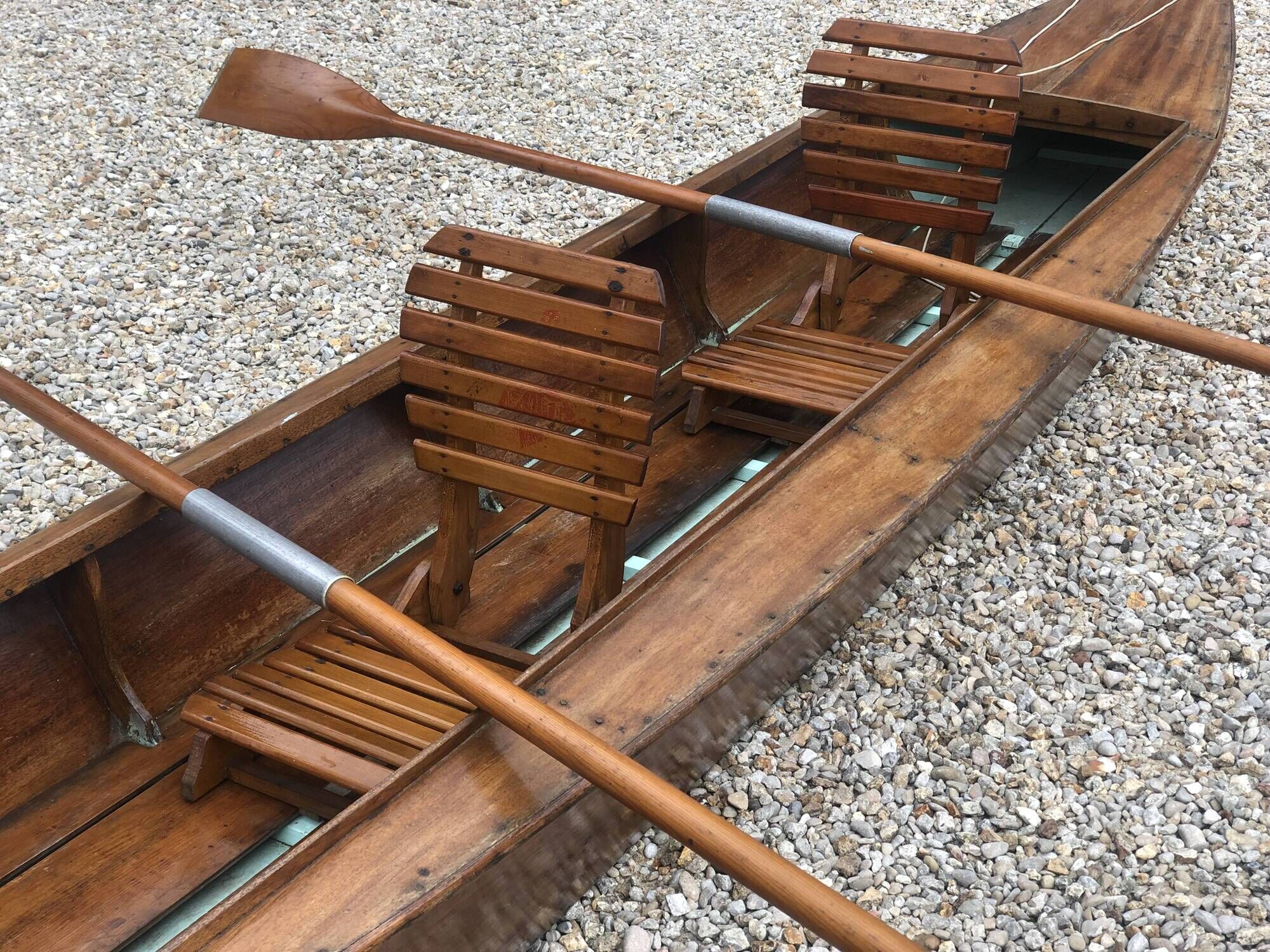 Old flat-bottomed mahogany canoe "Lake Enghien" 1930s/40s