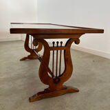 Old rectangular wood coffee table with lyre side posts