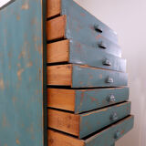 Industrial workshop furniture in pine with 12 drawers, circa 1940.