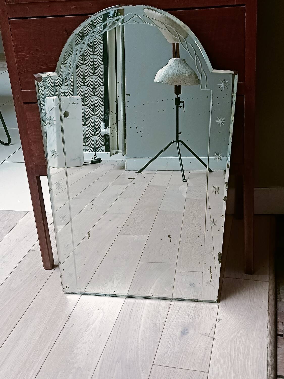 Art Deco beveled engraved mirror