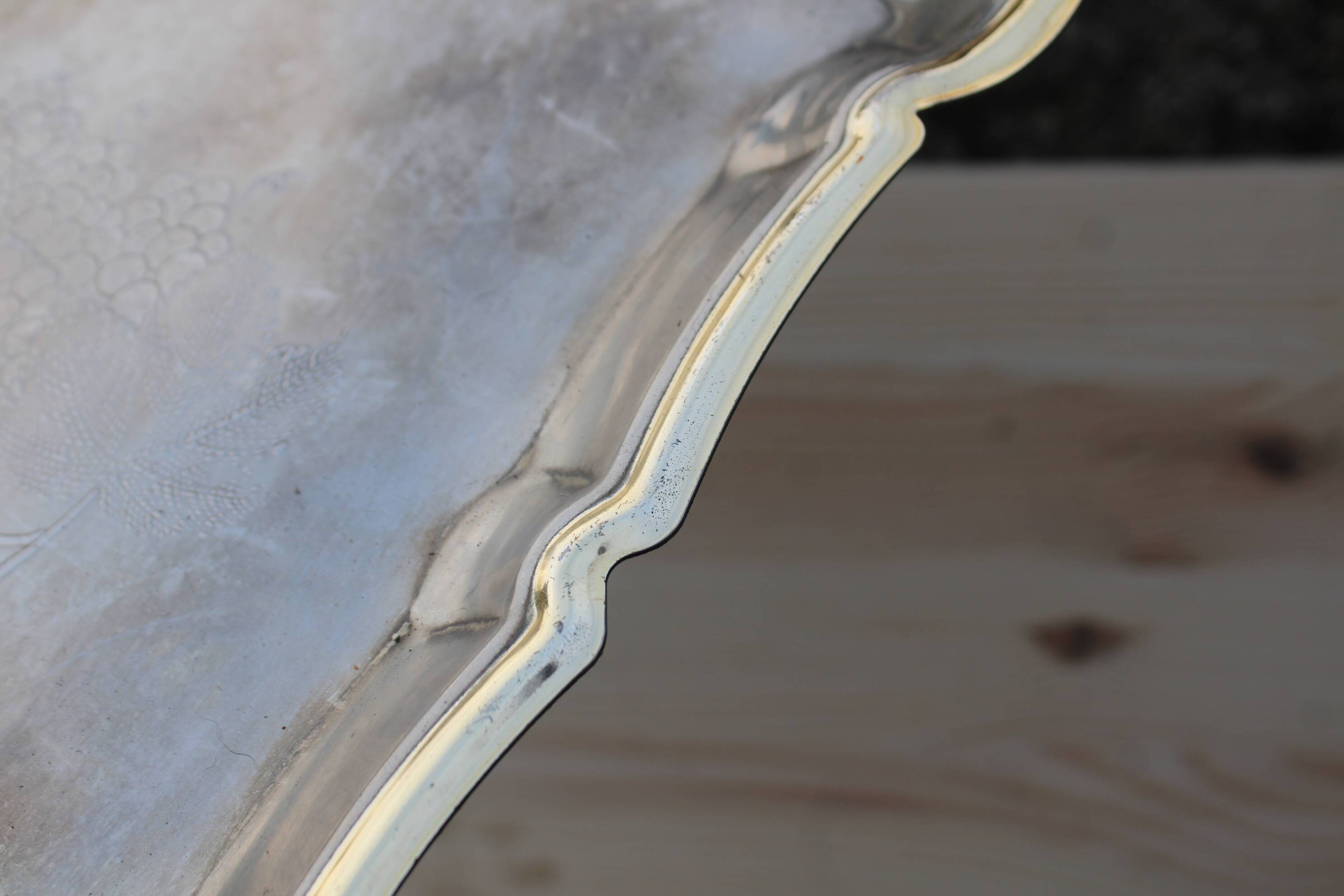 Antique silver-plated metal tray with gilt edges – Grape cluster motif