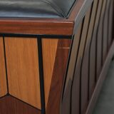 Art Deco  black leather 2.5-seater design sofa with beautiful woodwork