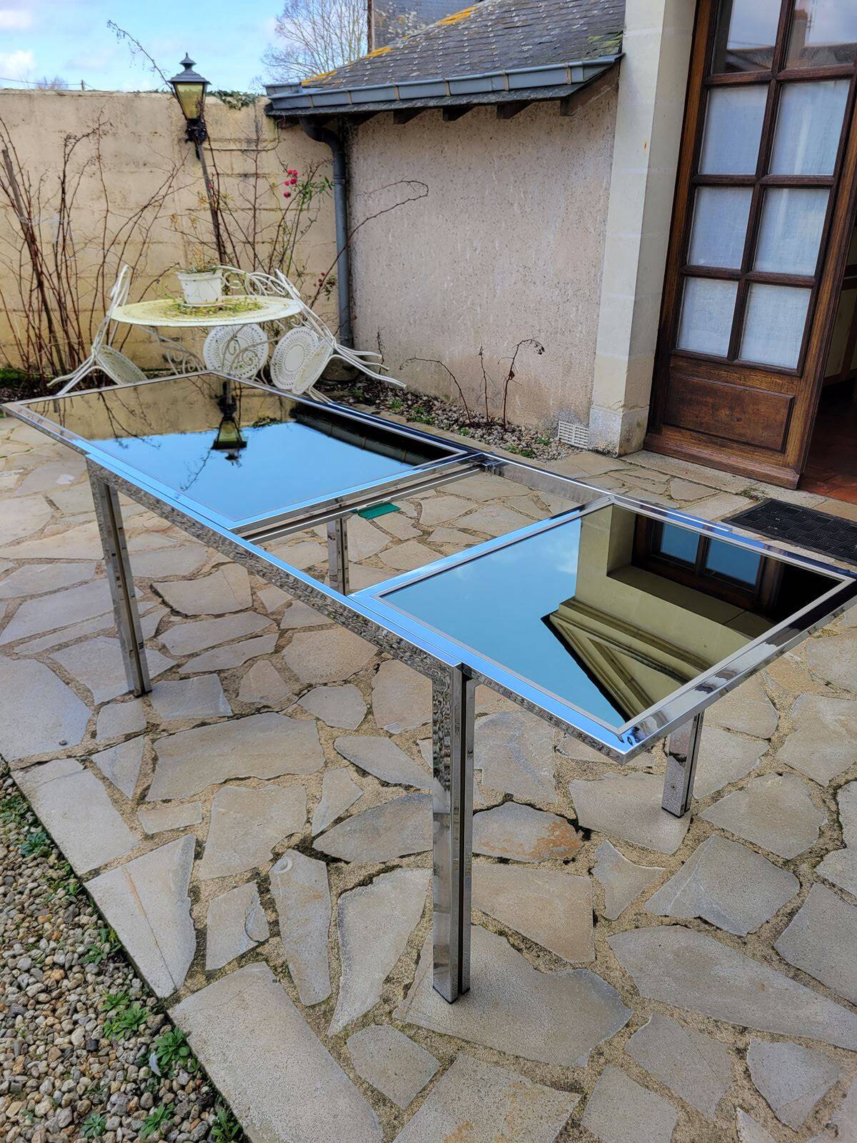 Vintage chrome and glass dining table, Roche Bobois