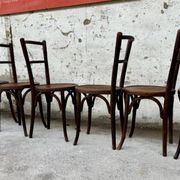 Set of 7 old Baumann bistro chairs in curved wood with round seat