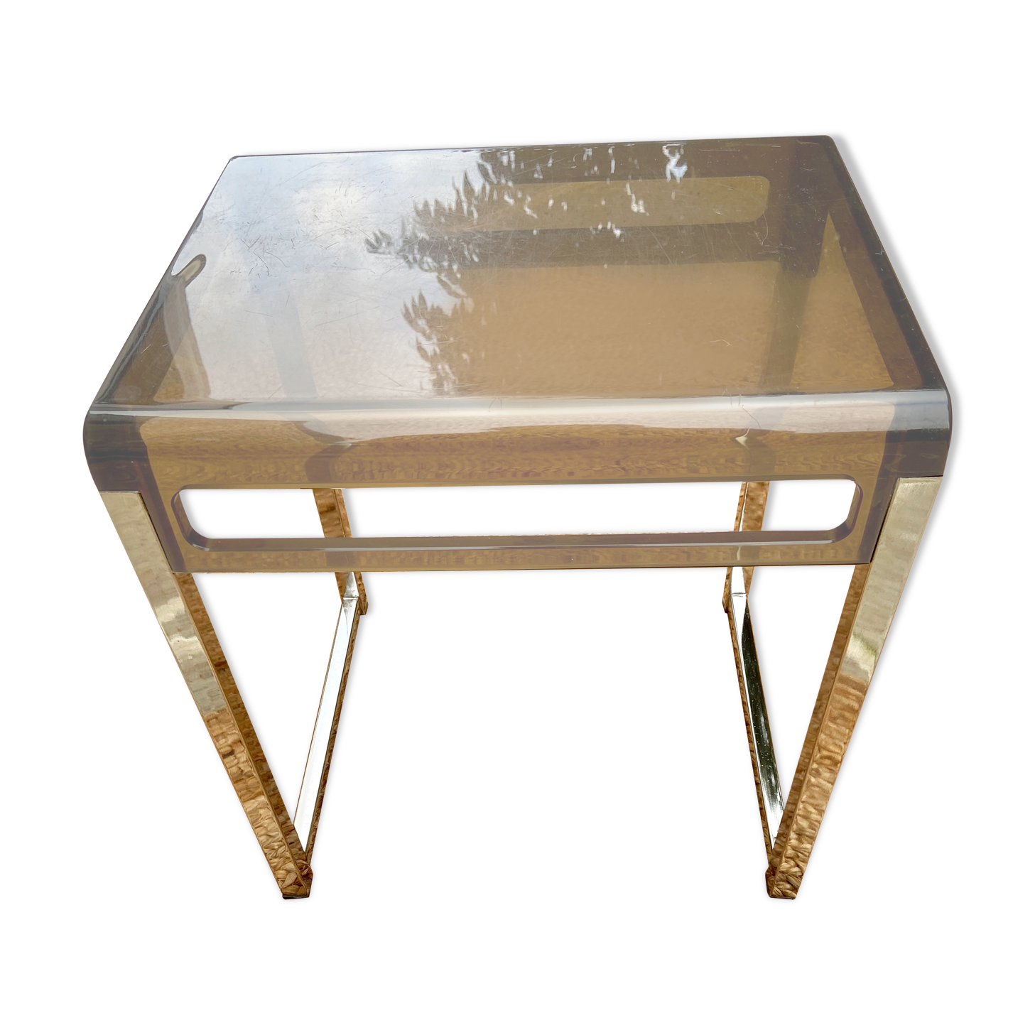 Table d'appoint en métal et plexiglas fumé vintage 70