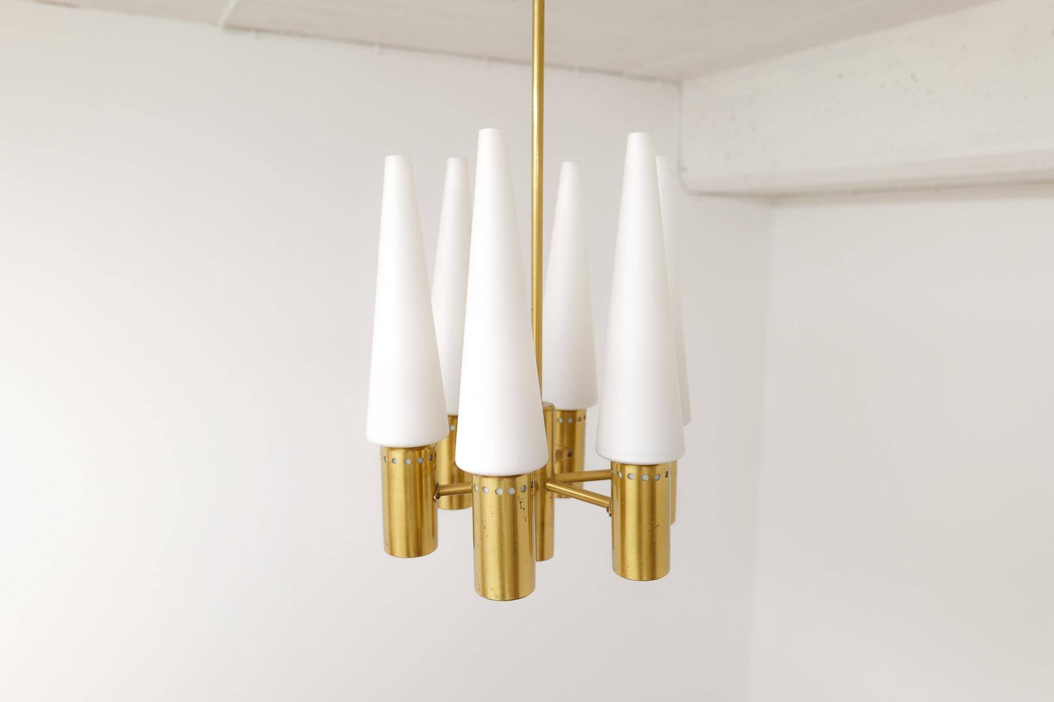 Midcentury brass and opaline ceiling lamp by Hans-Agne Jakobsson, Sweden, 1950s.