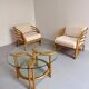 Complete living room with rattan sofa and white bouclette, brass finish, 80's design