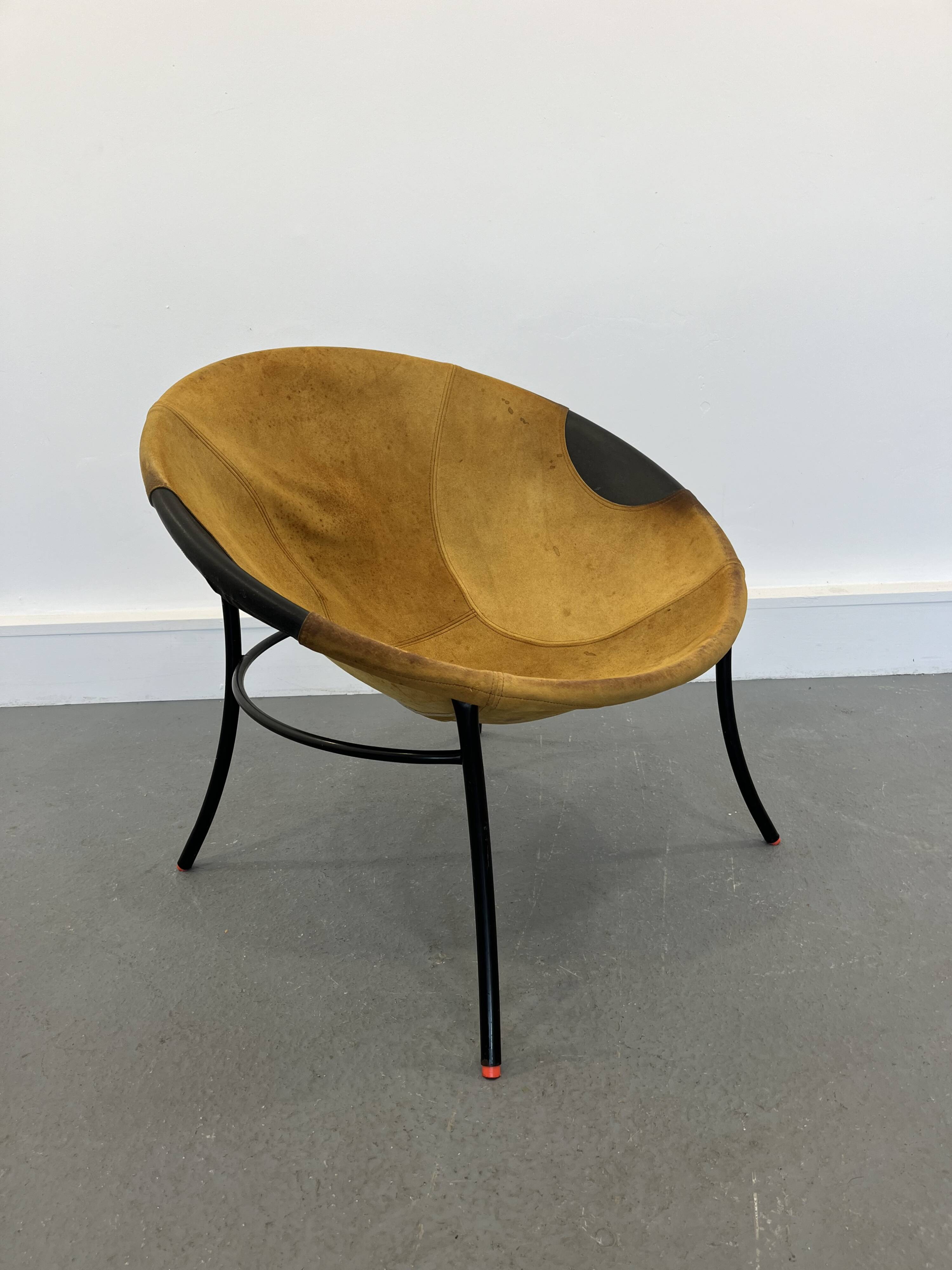Italian Tan Suede and Black Leather Saucer Chair