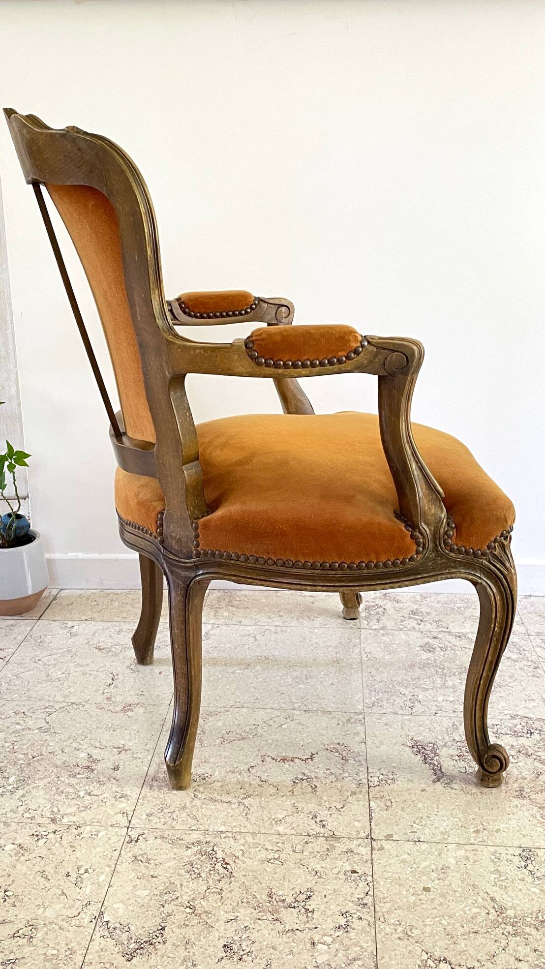 Vintage French Curry Velvet Cabriolet Armchair