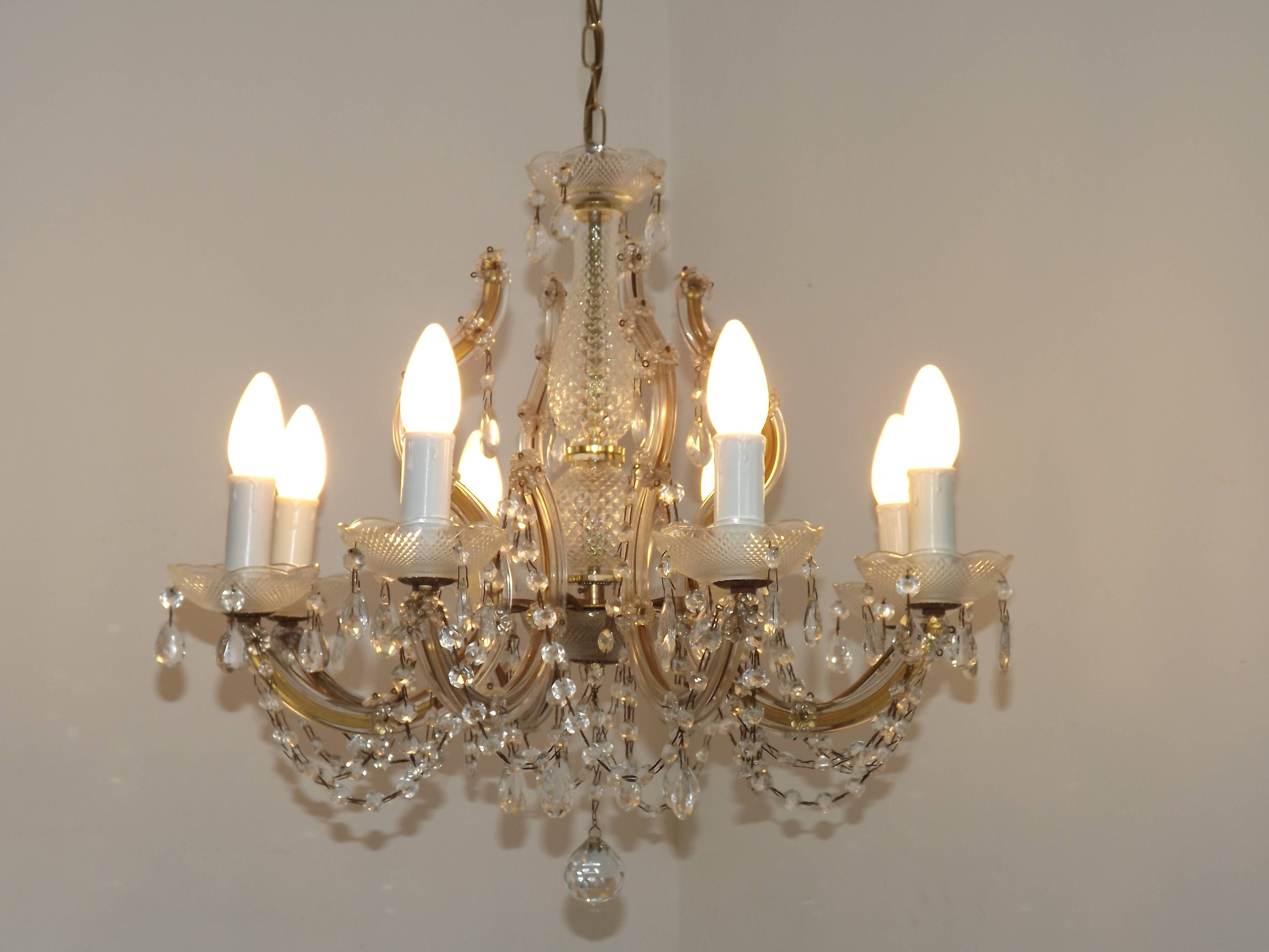 Mid-Century Brass Glass & Crystal Maria Theresa Style 8 Arm Chandelier 5446