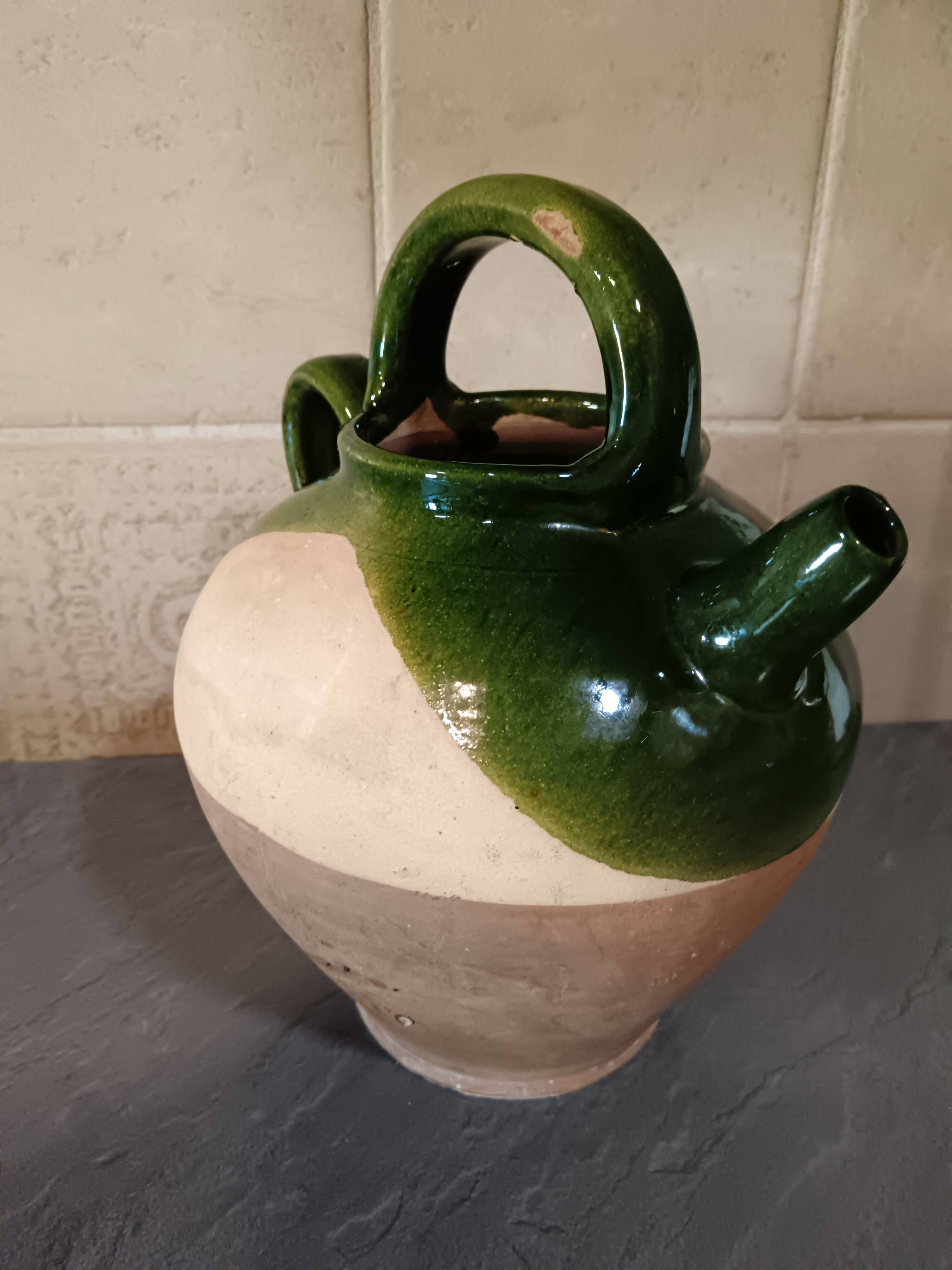 Cruche ancienne terre cuite émaillée verte XIXème siècle
