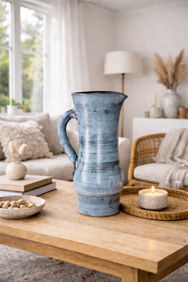 Pichet en céramique bleu Jacques Pouchain Dieulefit France 1960