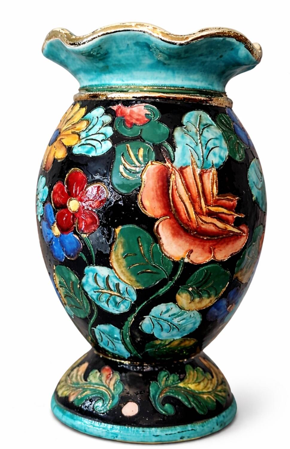 Large Vallauris vase signed JTF = F – 31 cm – polychrome floral decoration