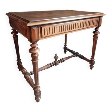 Antique French writing table in walnut with drawer, small desk, circa 1930.