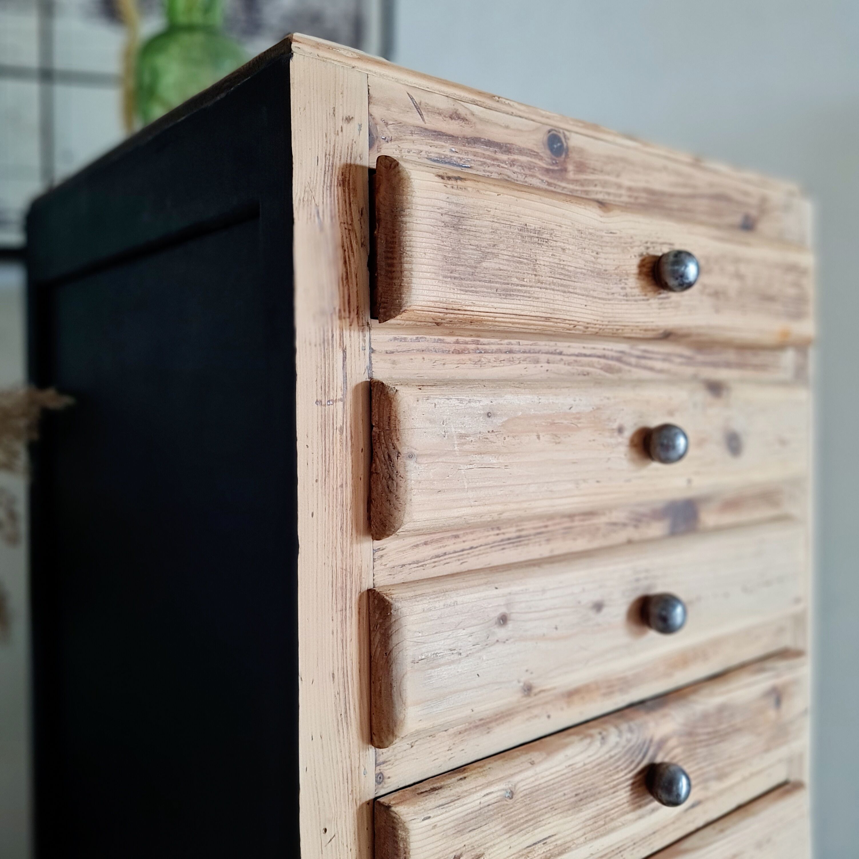 Old wooden chest of drawers raw and black wood