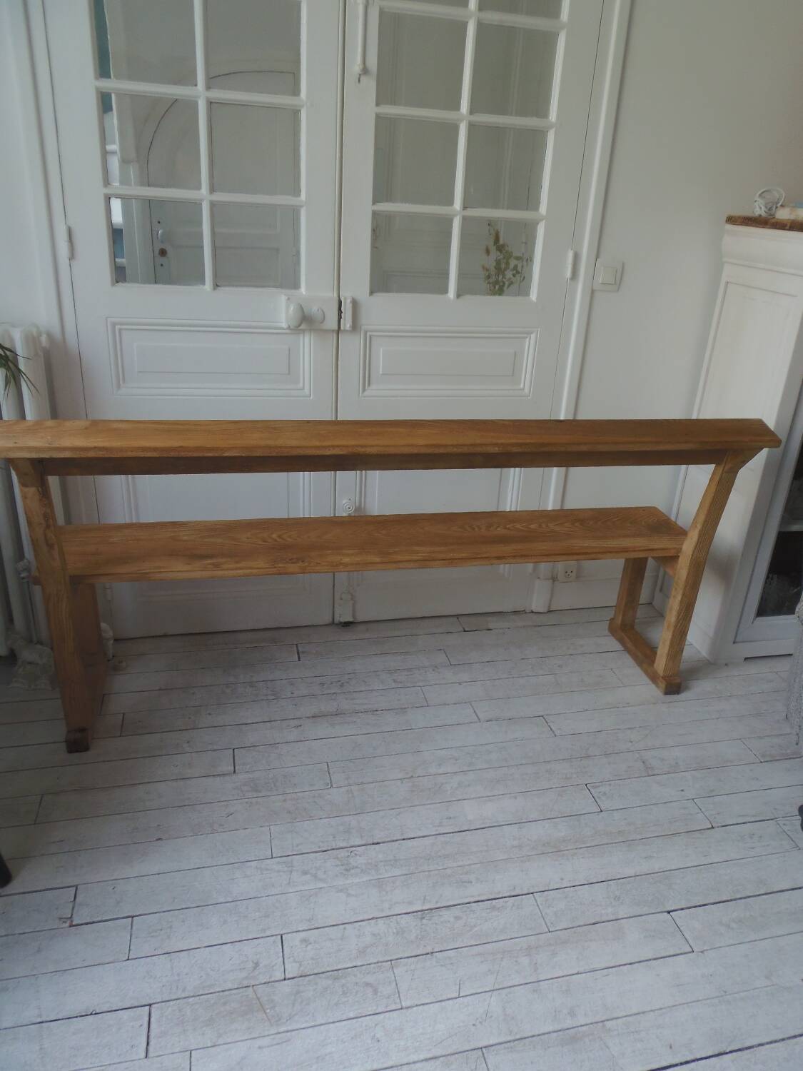 Church bench, end of bed in pitch pine with light oak waxed finish.