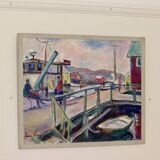 Swedish Mid-Century Oil On Canvas Painting "Harbour" by Lasse Wagner
