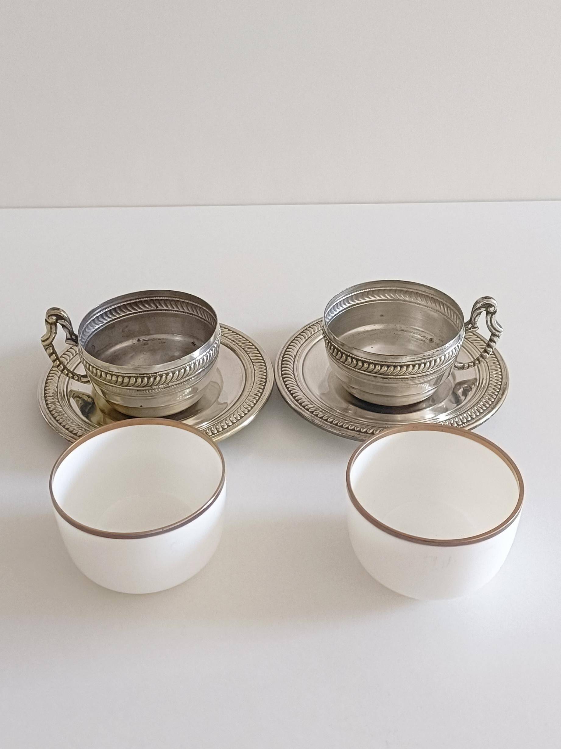 Victorian Alpaca Silver Tea or Coffee Pair of Cups and Plates, England 19th C.