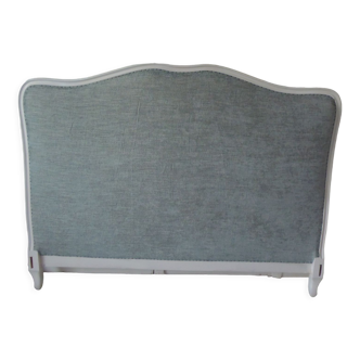 Louis XV style headboard patinated pearl gray, waxed finish, upholstered in a green velvet of gray.