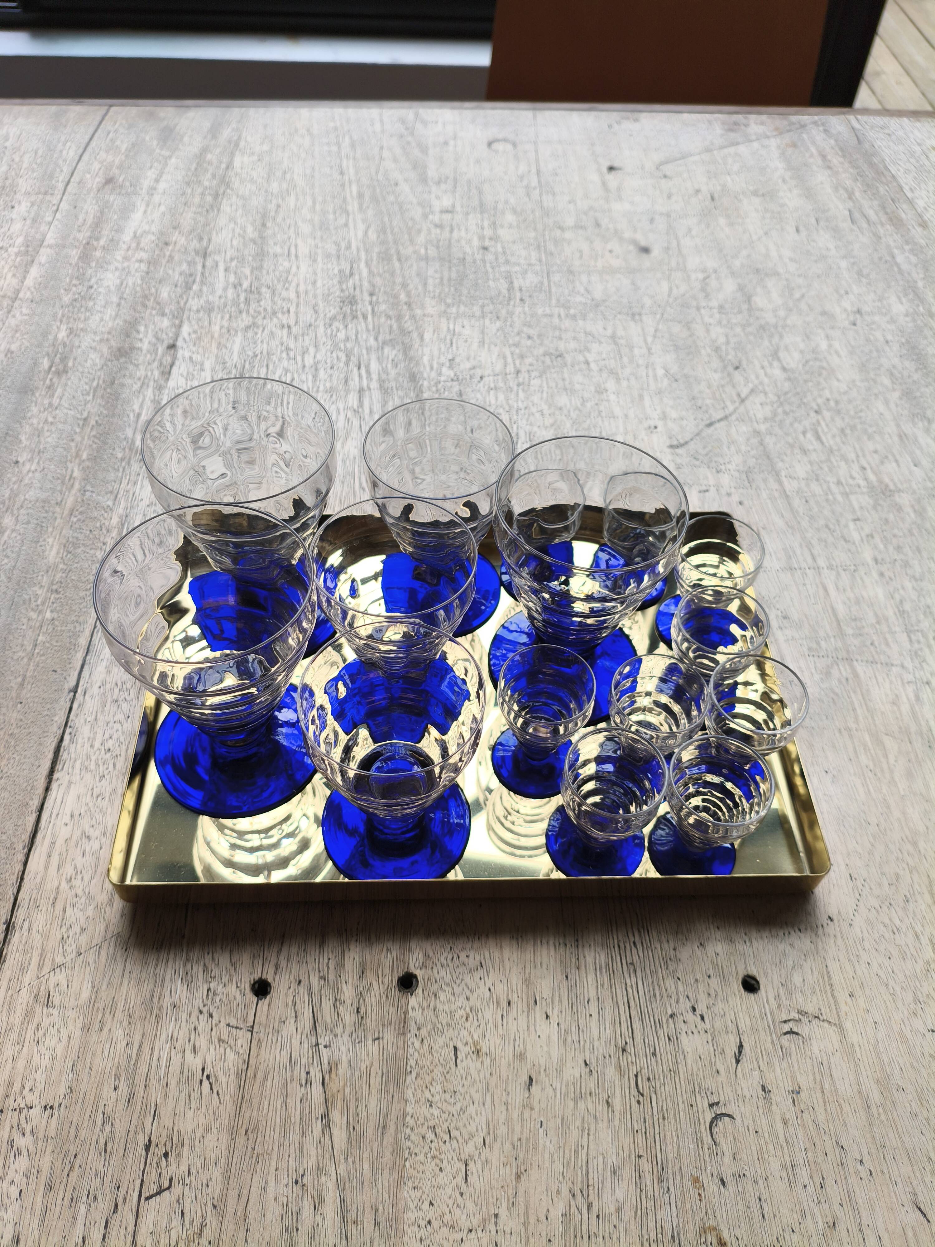 Set of 16 antique Art Deco cobalt blue stemmed glasses