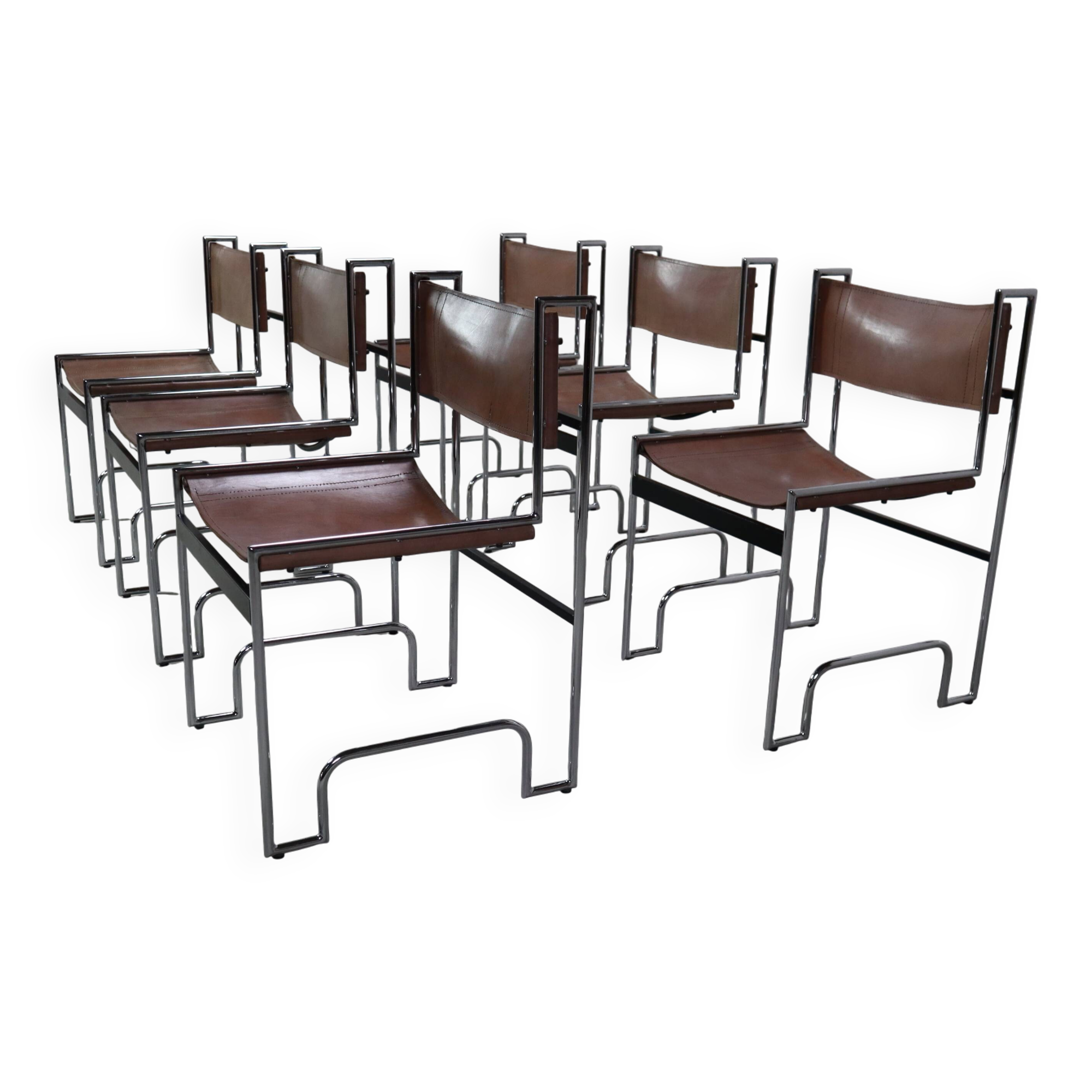 Set of 6 modernist chrome and leather dining chairs, 1970's