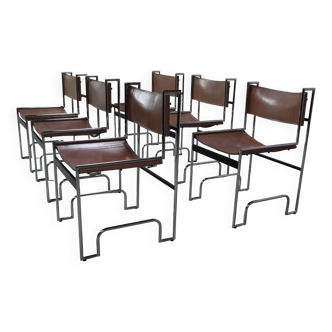 Set of 6 modernist chrome and leather dining chairs, 1970's