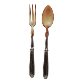 Horn and silver-plated salad servers