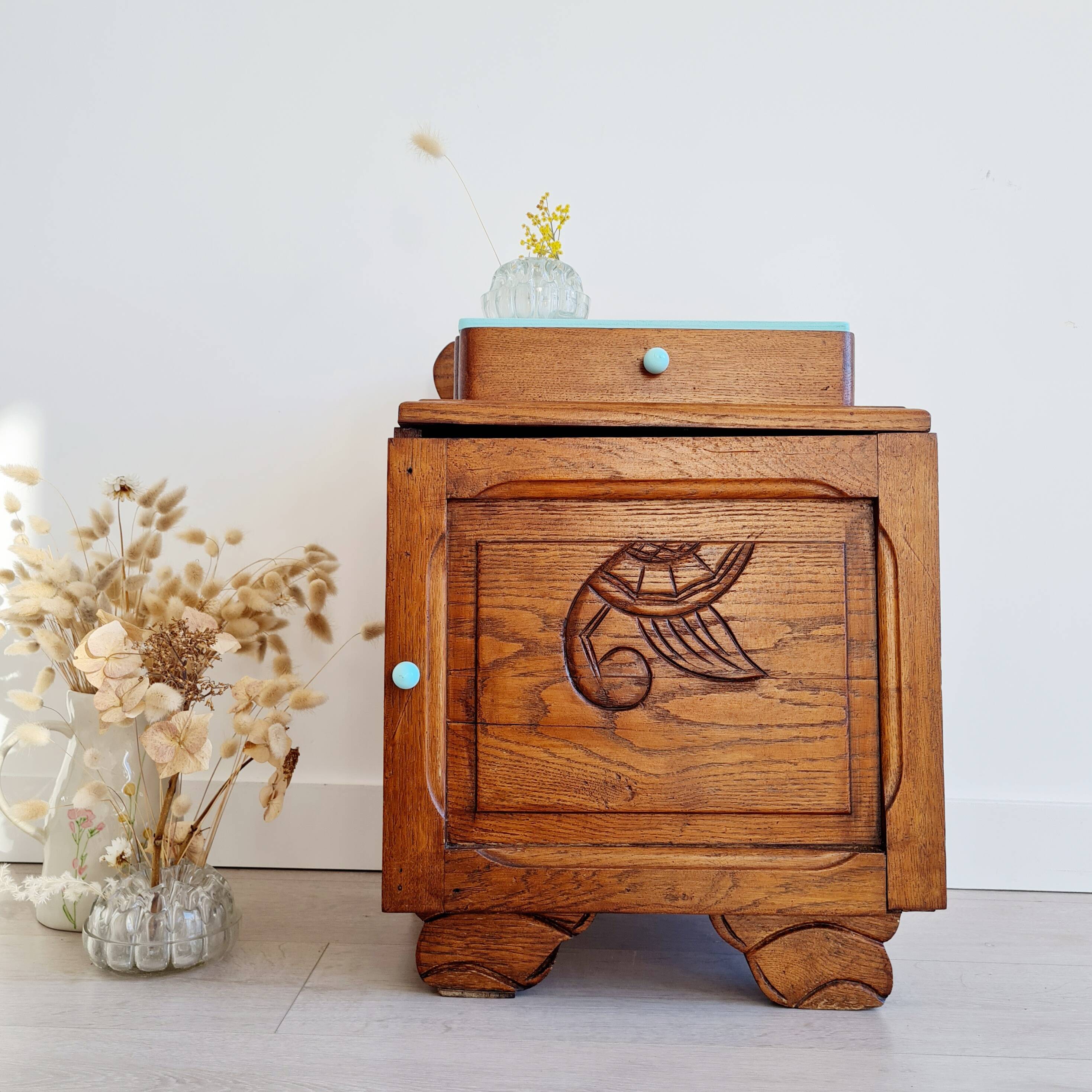 Art Deco bedside table in solid wood - blue top
