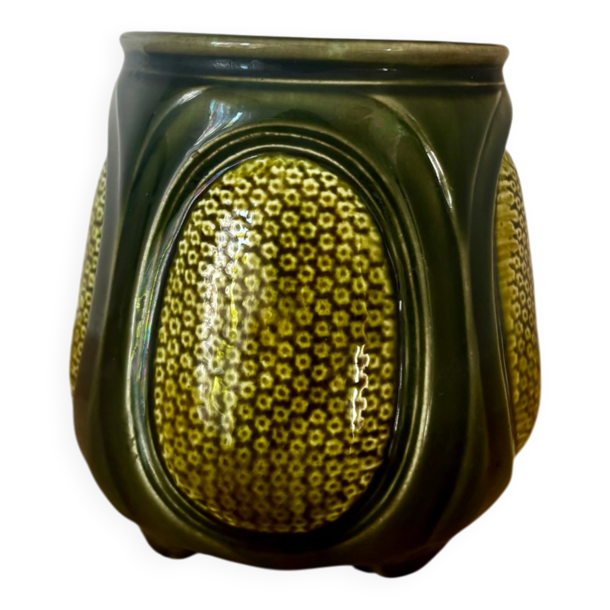 Pot ou cache pot Majolica Sarreguemines barbotine émaillée verte