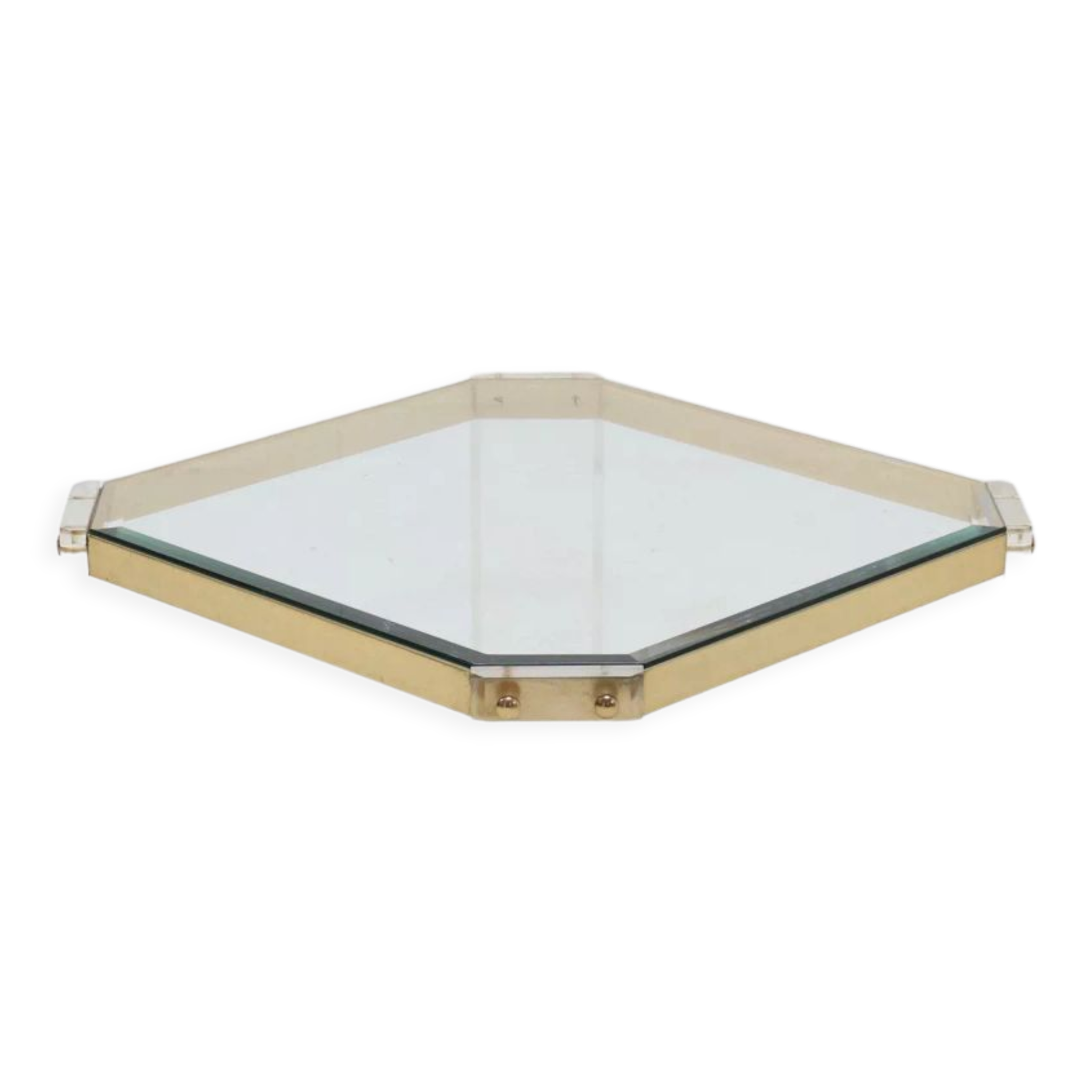 Table basse française en acrylique et verre plaqué or 1970s