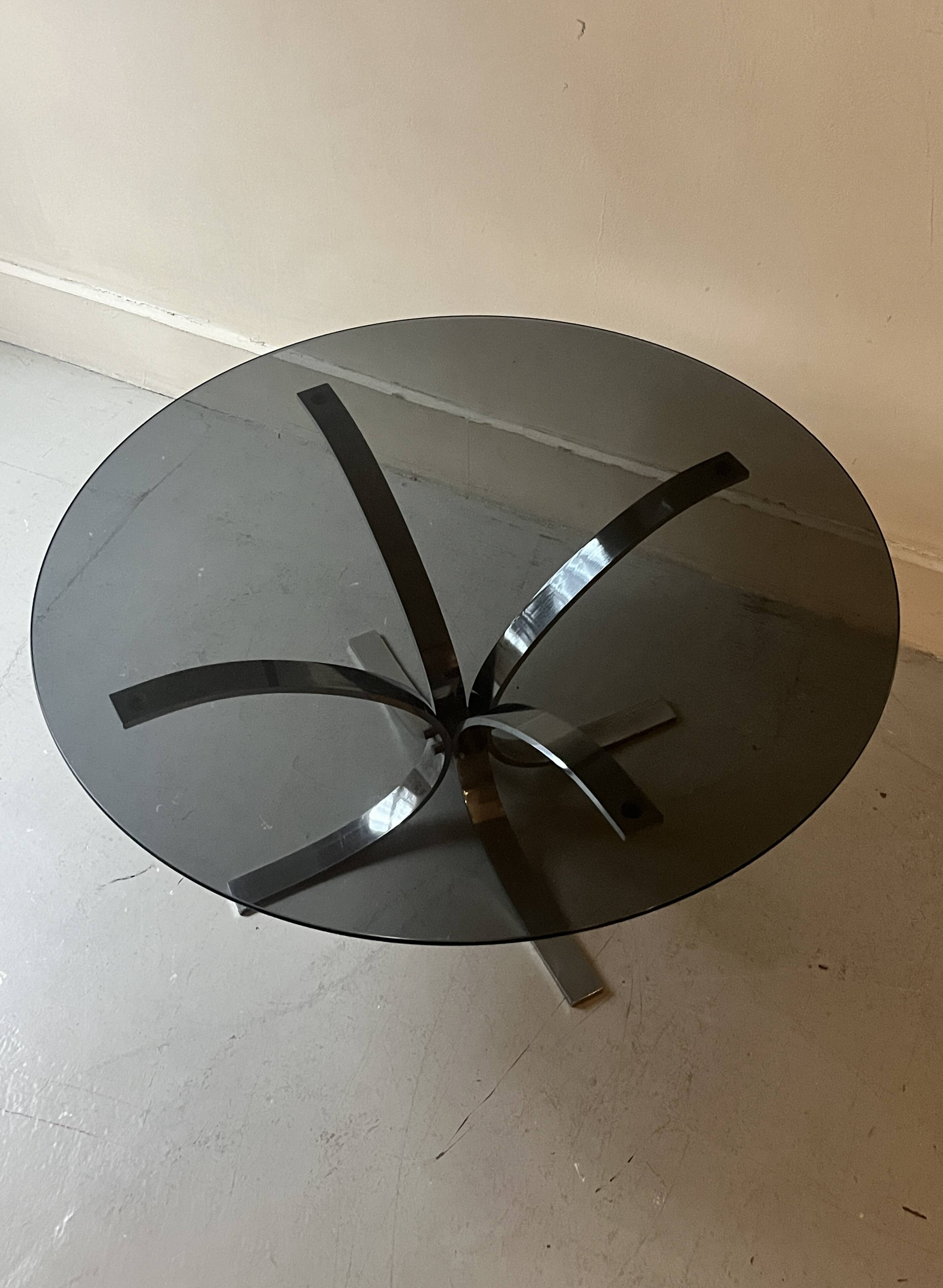 tulip coffee table in chromed metal and smoked glass, 1970s design