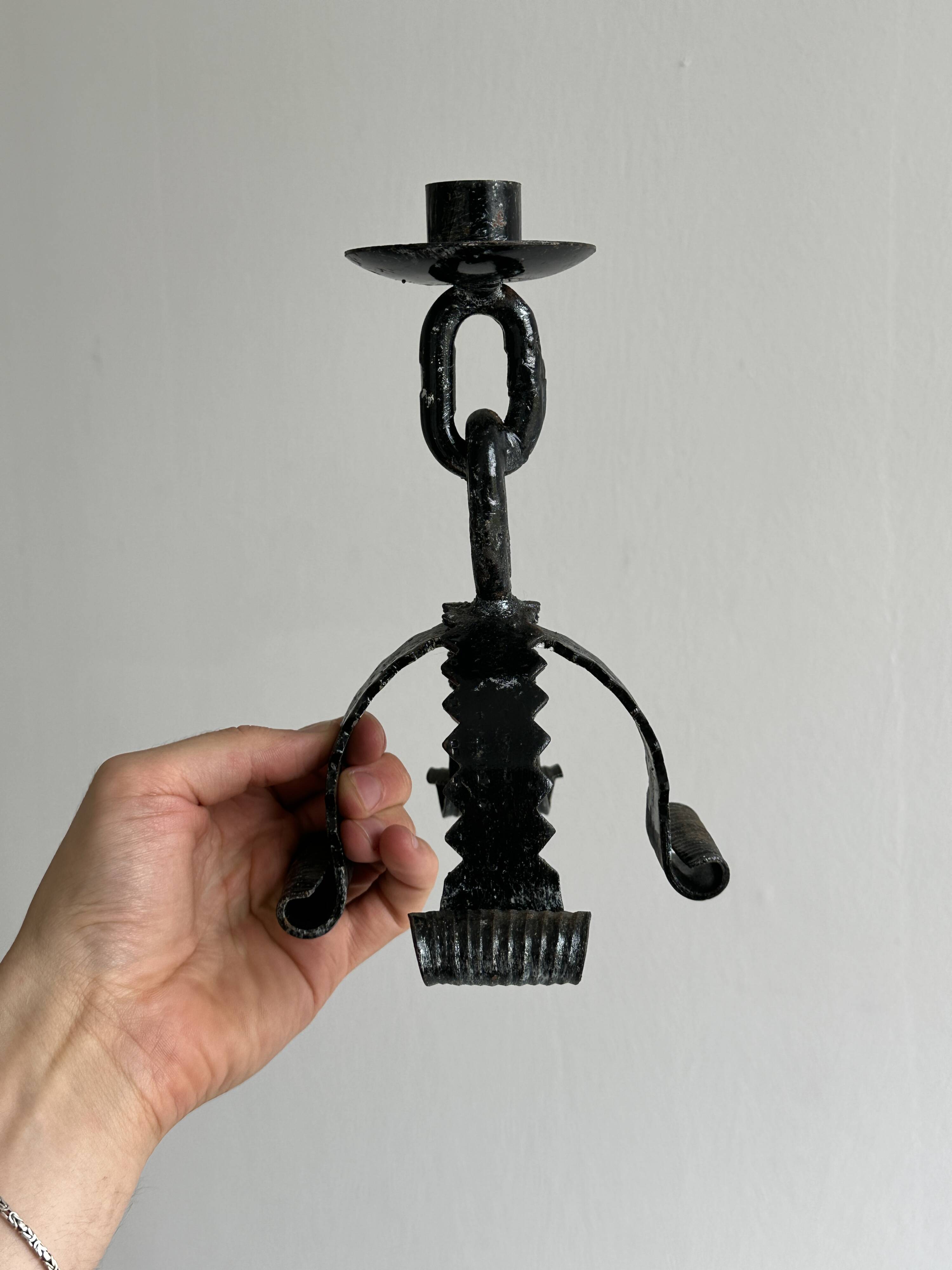 Black forged metal candle holder