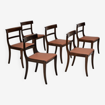 1970s, reupholstered set of 6 pcs Danish dining chairs, teak wood, camel brown leather.