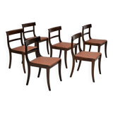 1970s, reupholstered set of 6 pcs Danish dining chairs, teak wood, camel brown leather.