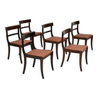 1970s, reupholstered set of 6 pcs Danish dining chairs, teak wood, camel brown leather.