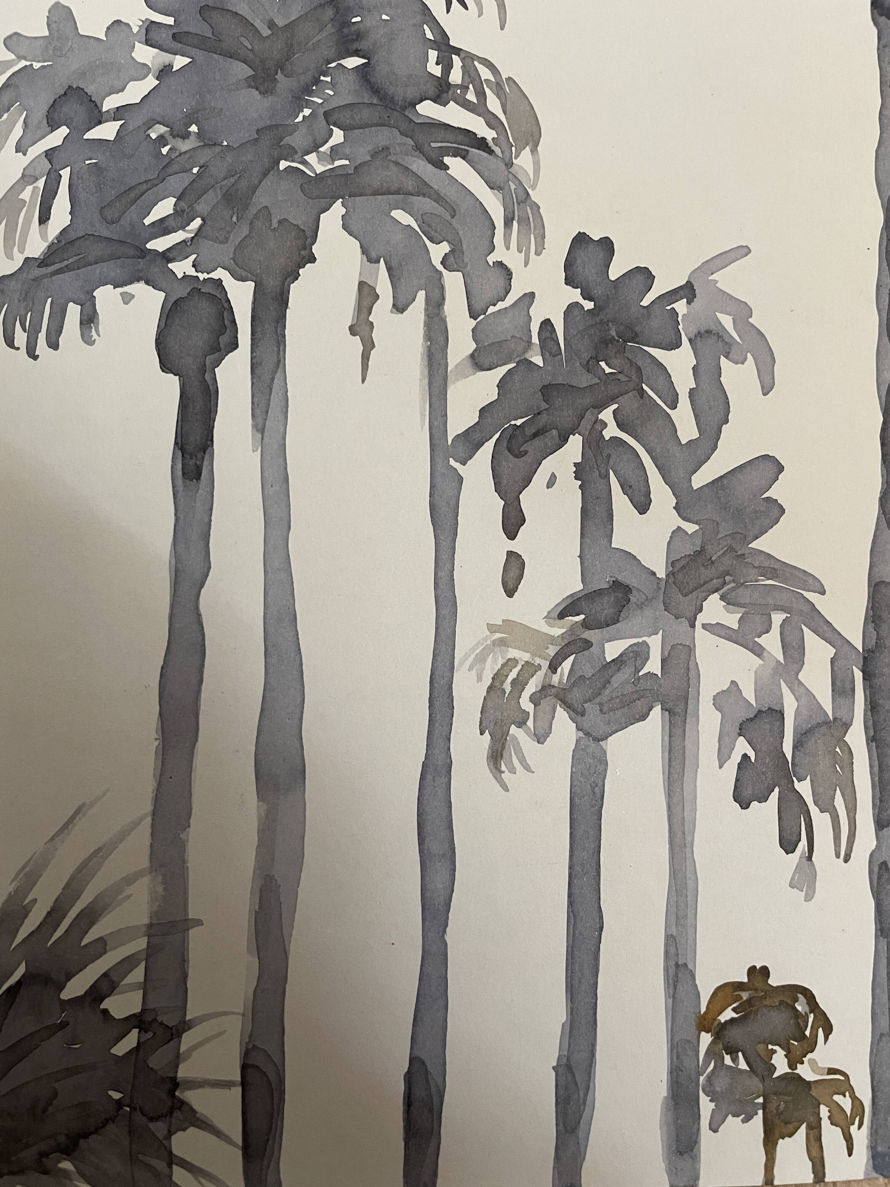 Signed monochrome watercolor painting “sunset over the palm trees”