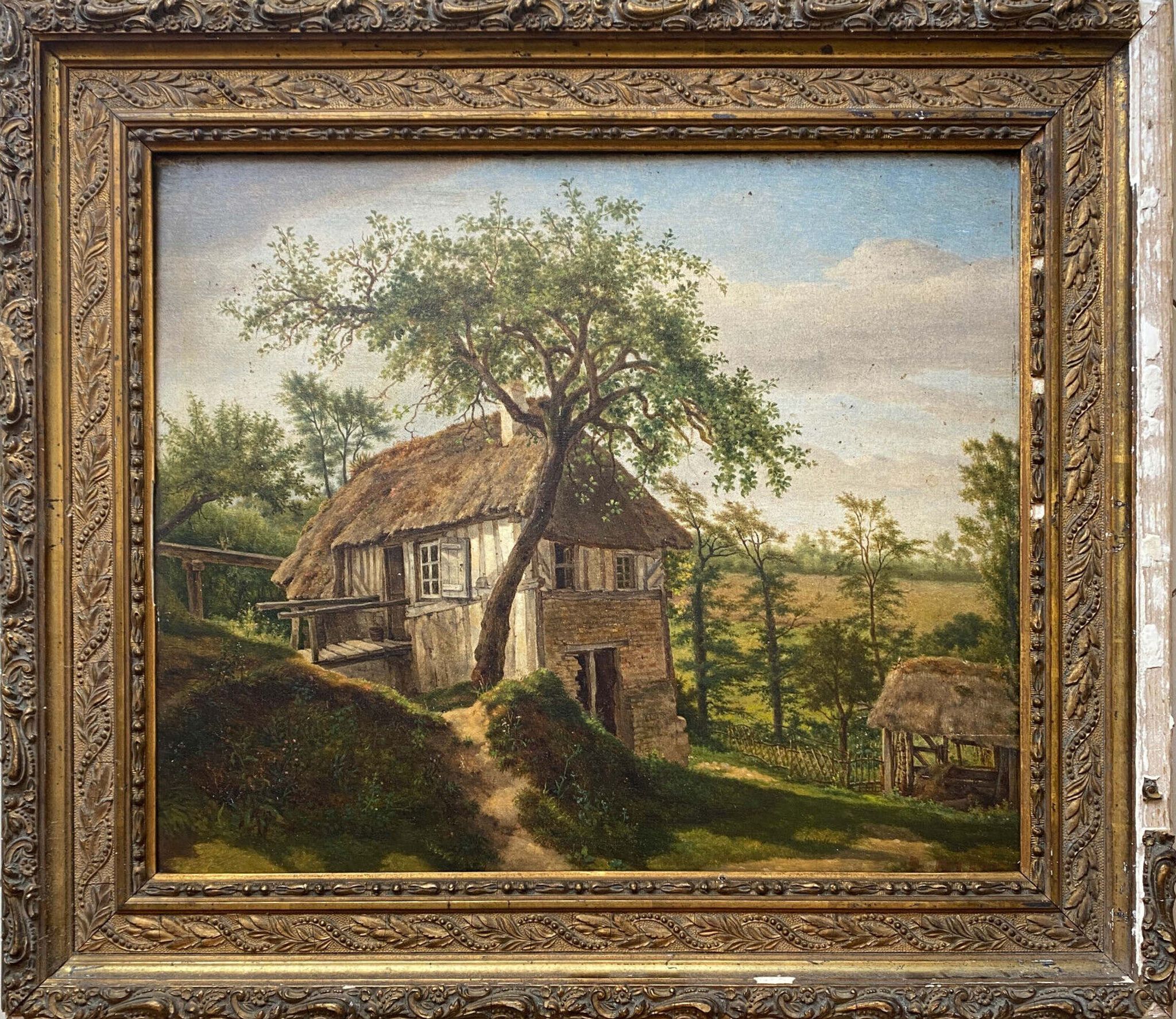 Table XIX° century, farm with thatched roof in the woods", signed Delattre