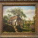 Table XIX° century, farm with thatched roof in the woods", signed Delattre