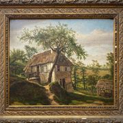 Table XIX° century, farm with thatched roof in the woods", signed Delattre