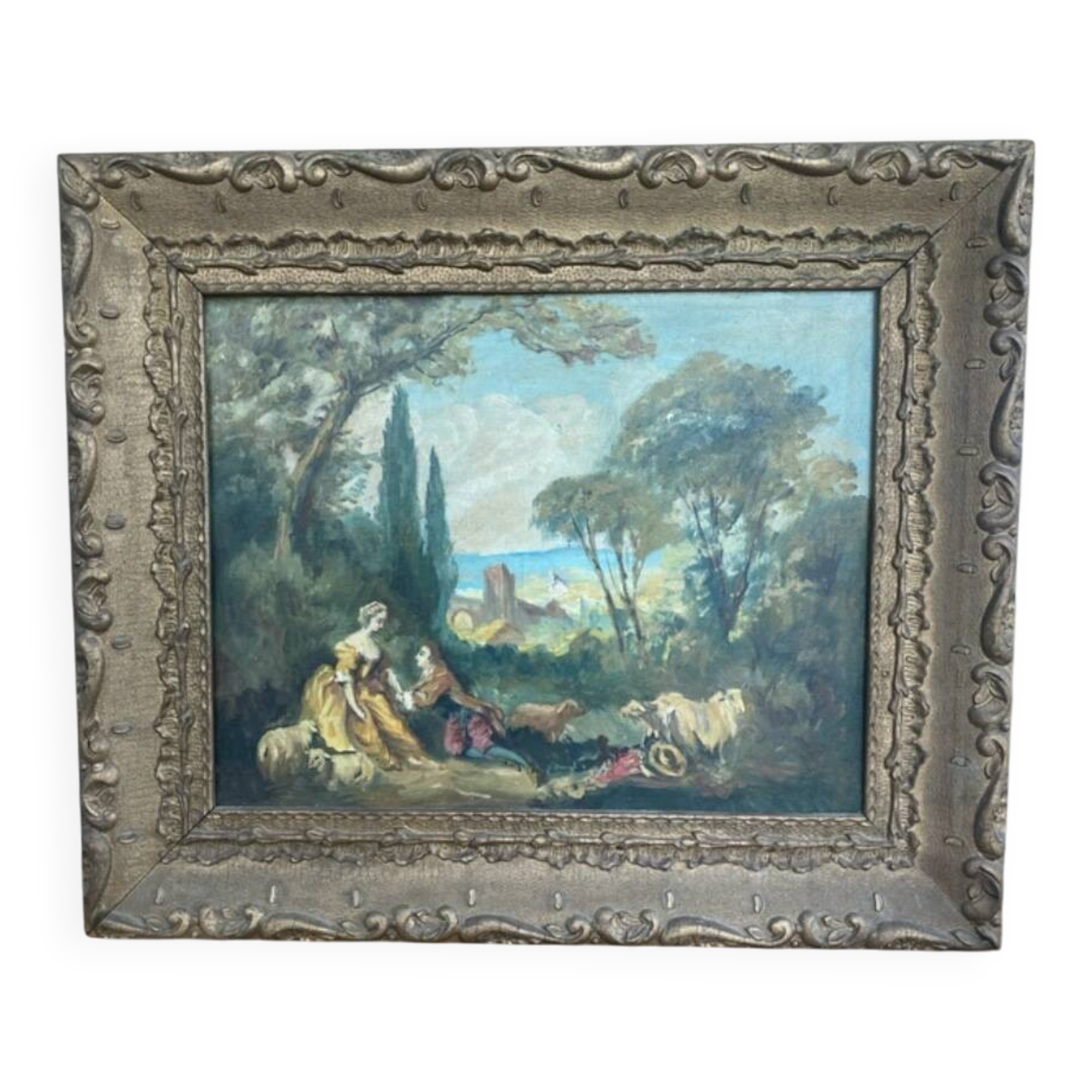 Oil painting on canvas – Pastoral scene – Boucher style – 19th century