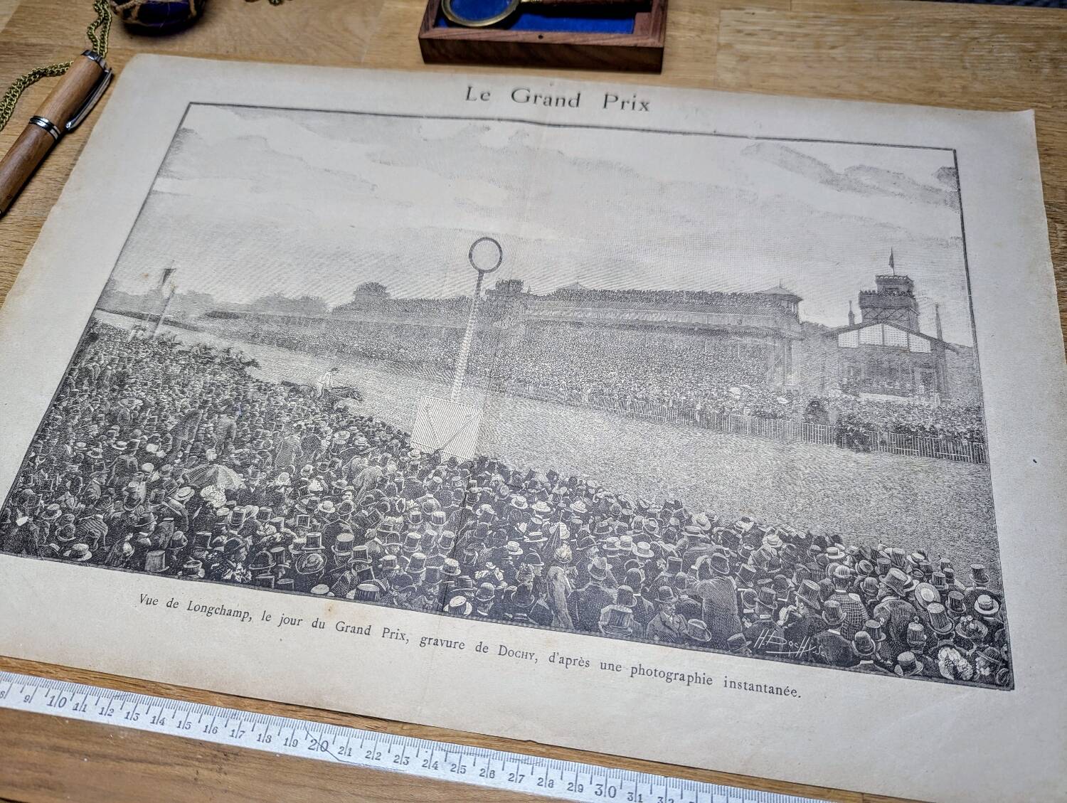 Paris Longchamp, large period engraving, printed in 1891.