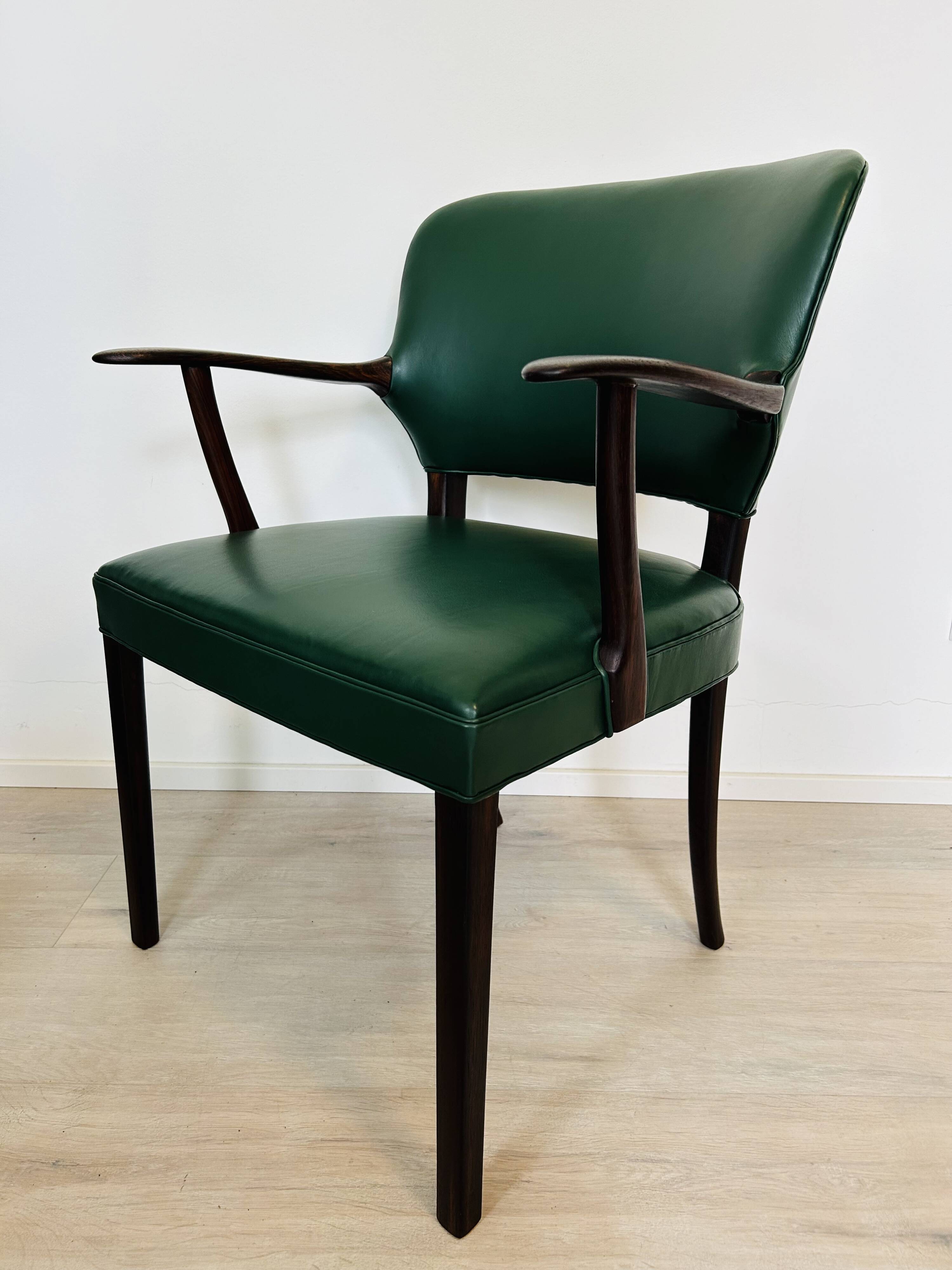 Danish Rosewood Green Leather Fully Restored Armchair, 1960´s