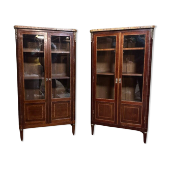 Pair Of Display Cases / Bookcases In Marquetry From The Late 19th Century.