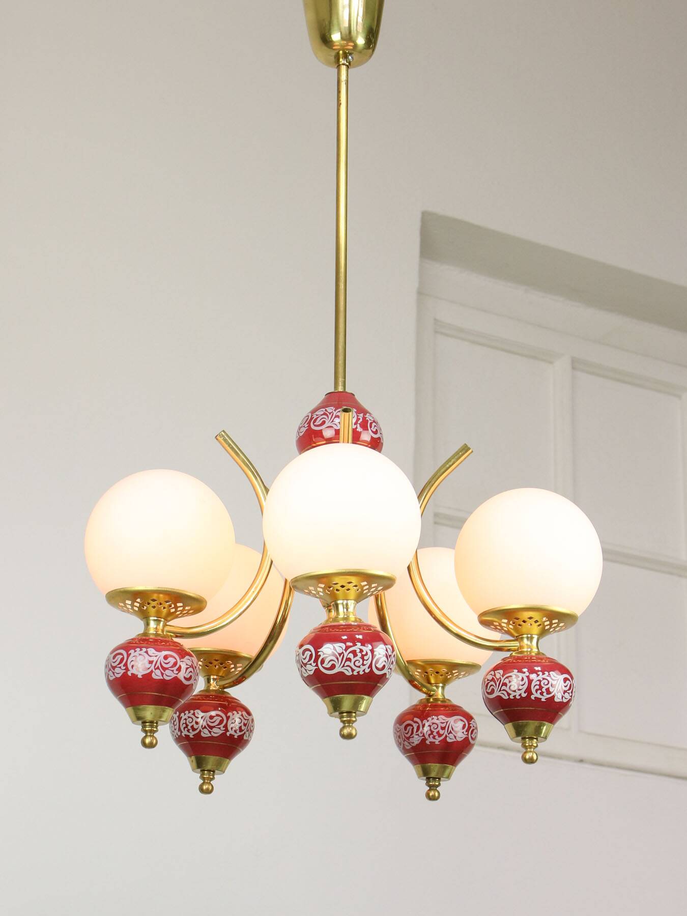 Mid-Century Italian Brass, Opaline & Ceramic Chandelier